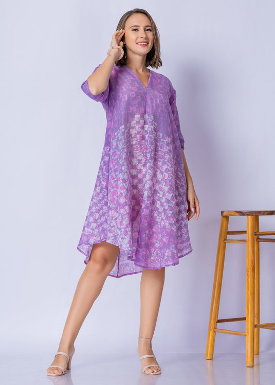 V - Neck Bottom Flare Batik Dress