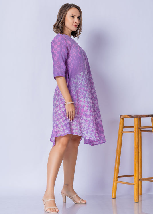 V - Neck Bottom Flare Batik Dress