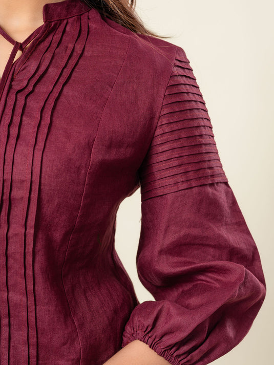Pintuck Detailed Linen Blouse With Beaded Tassel