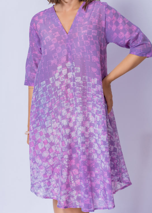 V - Neck Bottom Flare Batik Dress