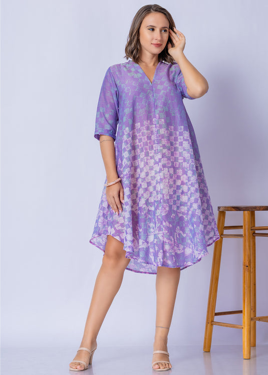 V - Neck Bottom Flare Batik Dress