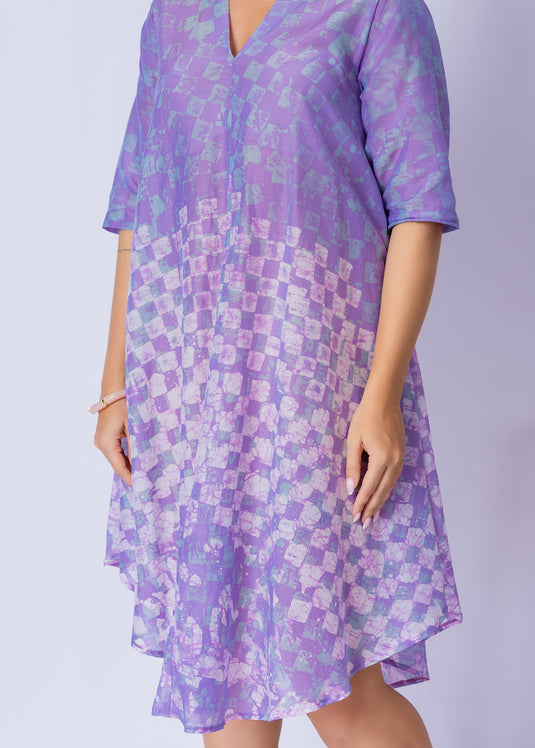 V - Neck Bottom Flare Batik Dress
