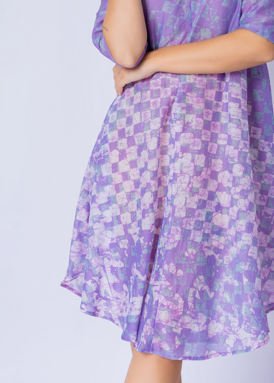 V - Neck Bottom Flare Batik Dress