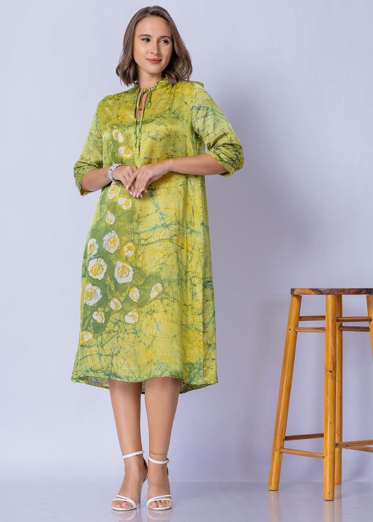 Tie - Front Keyhole V Neckline Batik Straight Dress