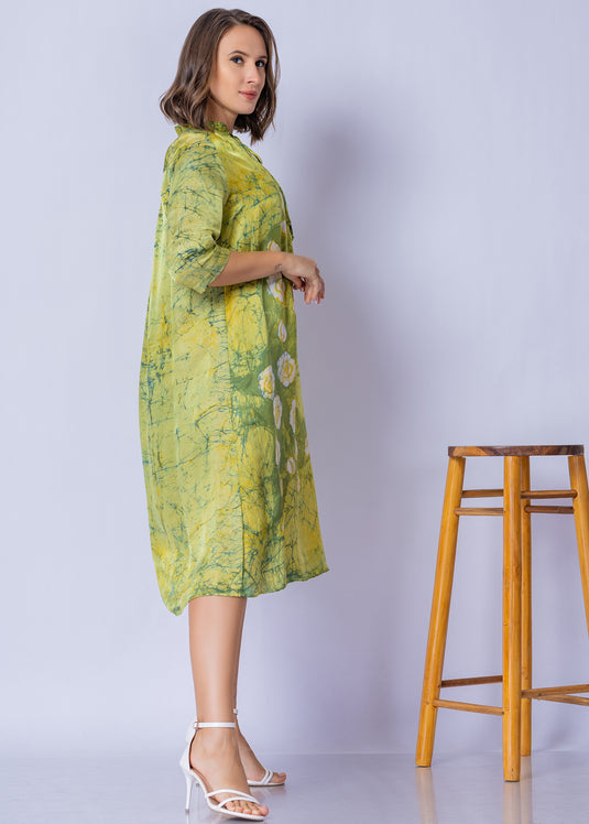 Tie - Front Keyhole V Neckline Batik Straight Dress