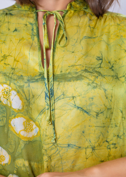 Tie - Front Keyhole V Neckline Batik Straight Dress