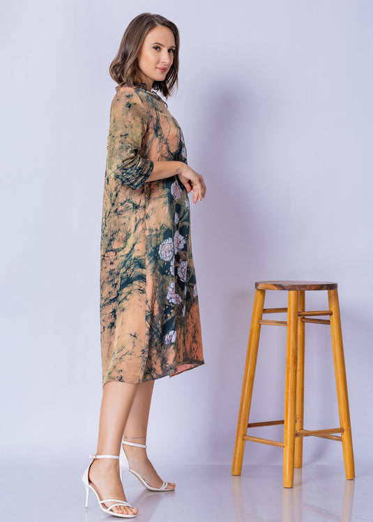 Tie - Front Keyhole V Neckline Batik Straight Dress