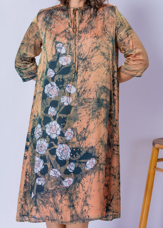 Tie - Front Keyhole V Neckline Batik Straight Dress