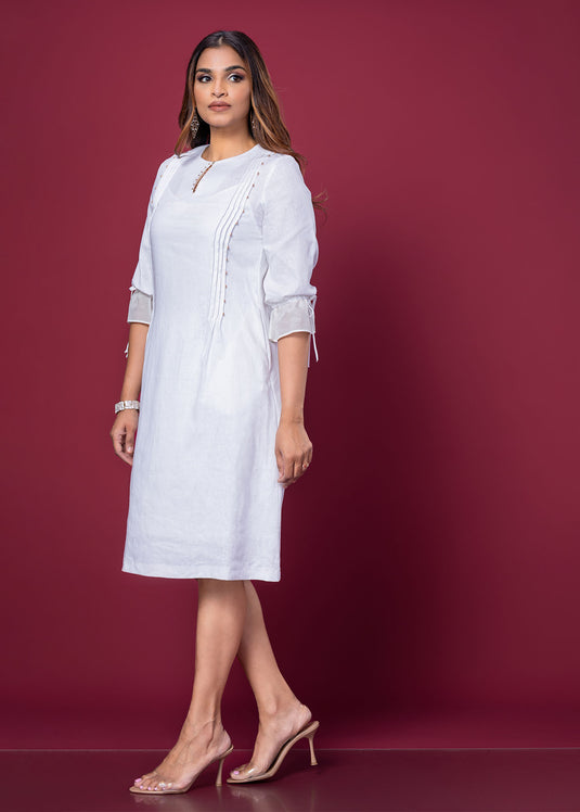 Pintuck & Bead Detailed Linen  Dress