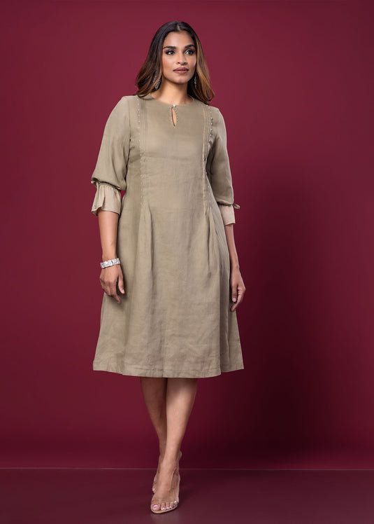 Pintuck & Bead Detailed Linen  Dress