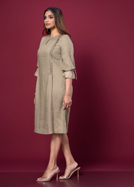 Pintuck & Bead Detailed Linen  Dress