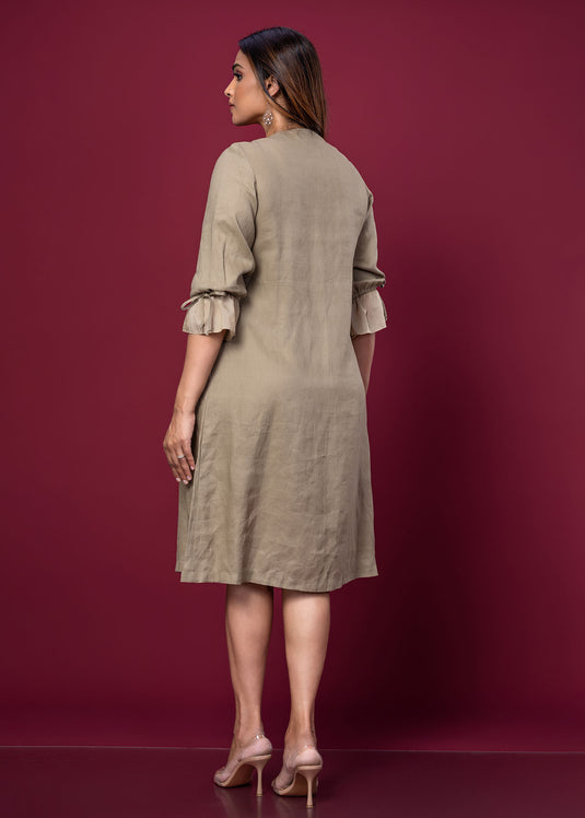 Pintuck & Bead Detailed Linen  Dress