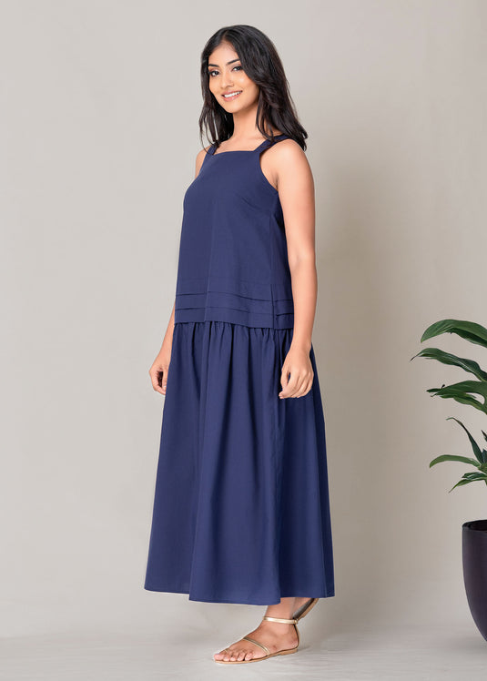 Wide Strap Midi Dress With Pleat Detail