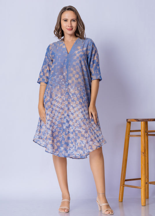 V - Neck Bottom Flare Batik Dress