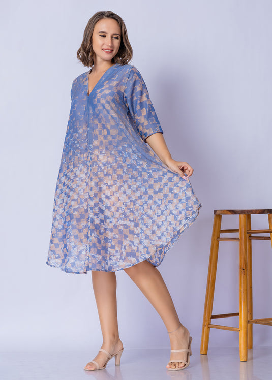 V - Neck Bottom Flare Batik Dress