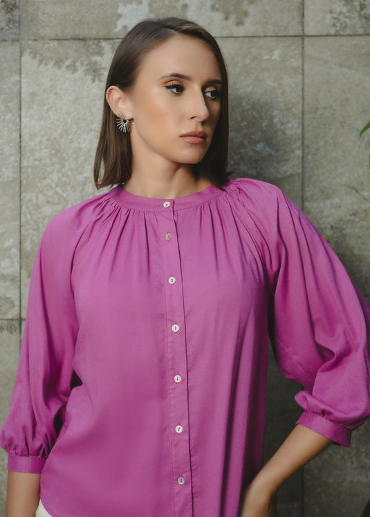 Button Down Round Neck Blouse With Puff Sleeve