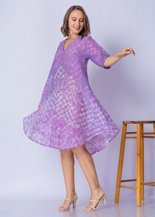 V - Neck Bottom Flare Batik Dress