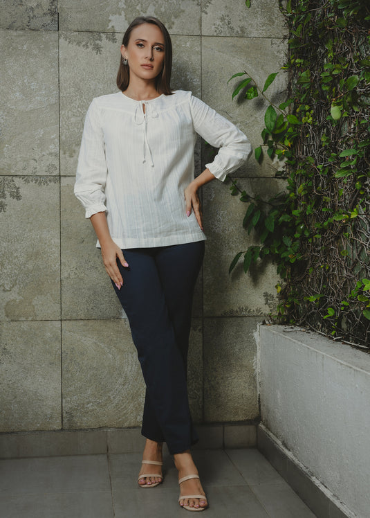 Yoke Detailed Cotton Blouse With Front Tie