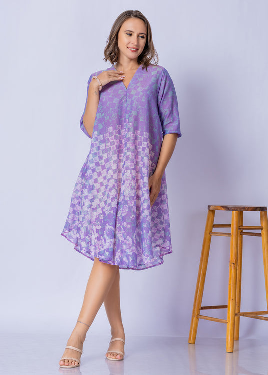 V - Neck Bottom Flare Batik Dress