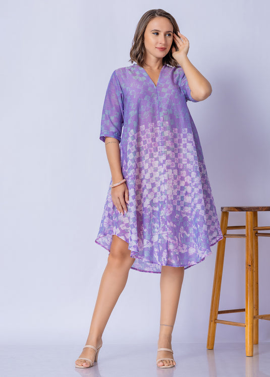 V - Neck Bottom Flare Batik Dress