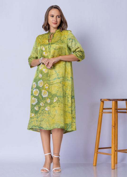 Tie - Front Keyhole V Neckline Batik Straight Dress