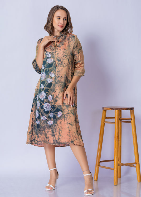 Tie - Front Keyhole V Neckline Batik Straight Dress