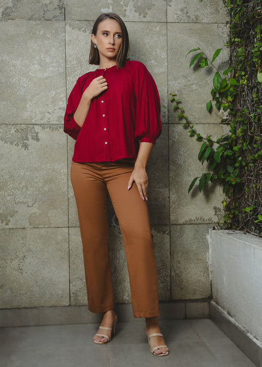 Button Down Round Neck Blouse With Puff Sleeve
