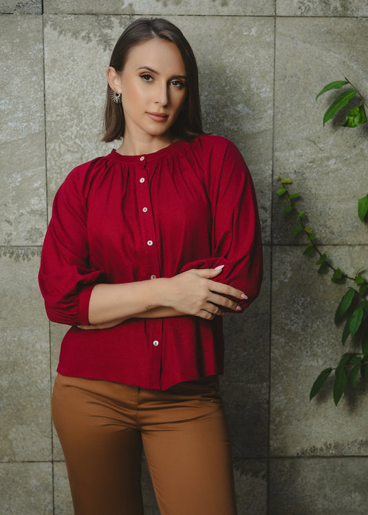 Button Down Round Neck Blouse With Puff Sleeve