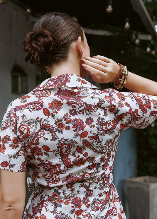 Printed cotton shirt dress with top stitch detail on cuff