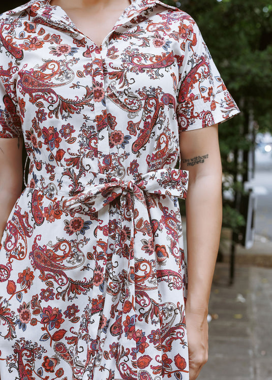 Printed cotton shirt dress with top stitch detail on cuff