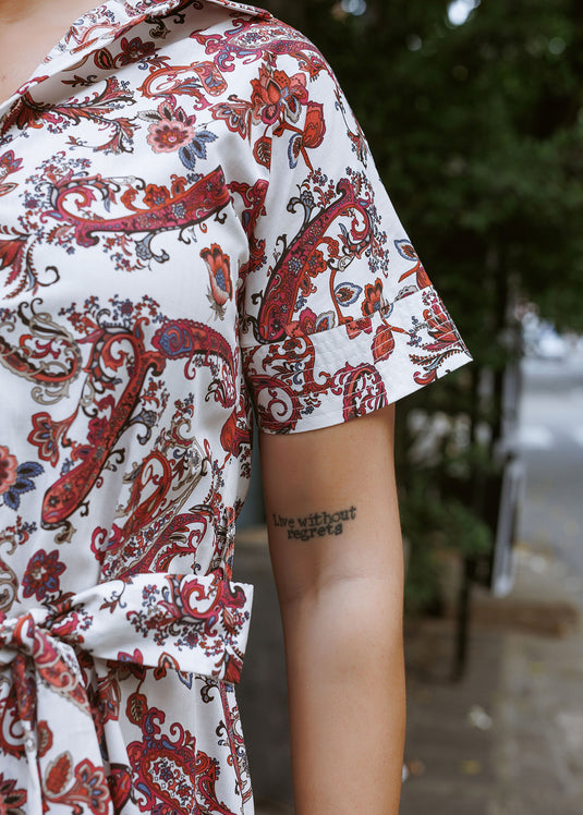 Printed cotton shirt dress with top stitch detail on cuff