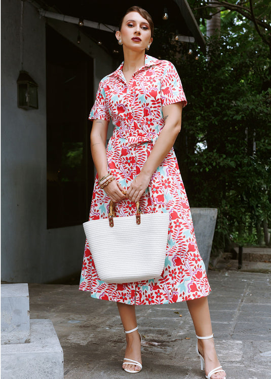 Printed cotton shirt dress with top stitch detail on cuff
