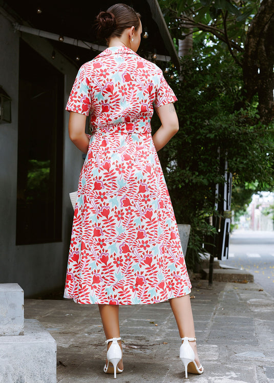 Printed cotton shirt dress with top stitch detail on cuff