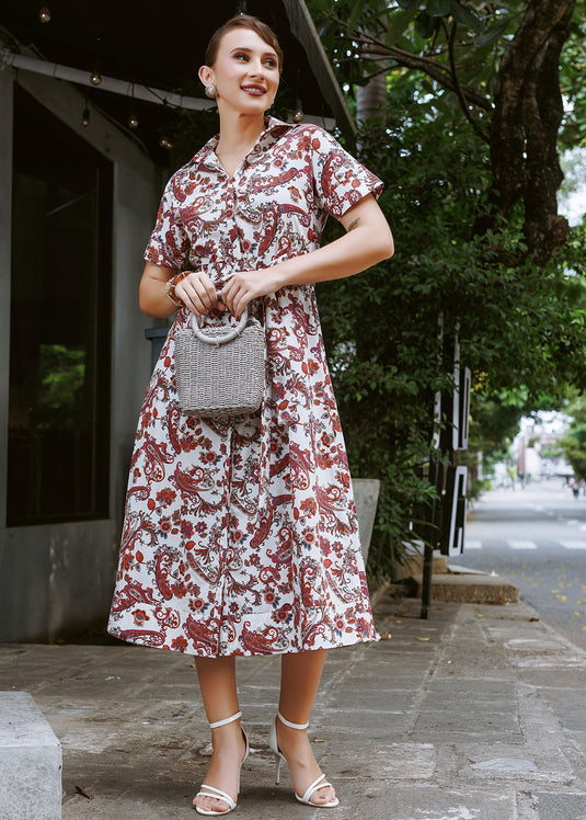 Printed cotton shirt dress with top stitch detail on cuff
