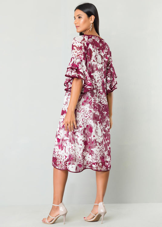 Flounce Sleeve Dress With Piping Detail