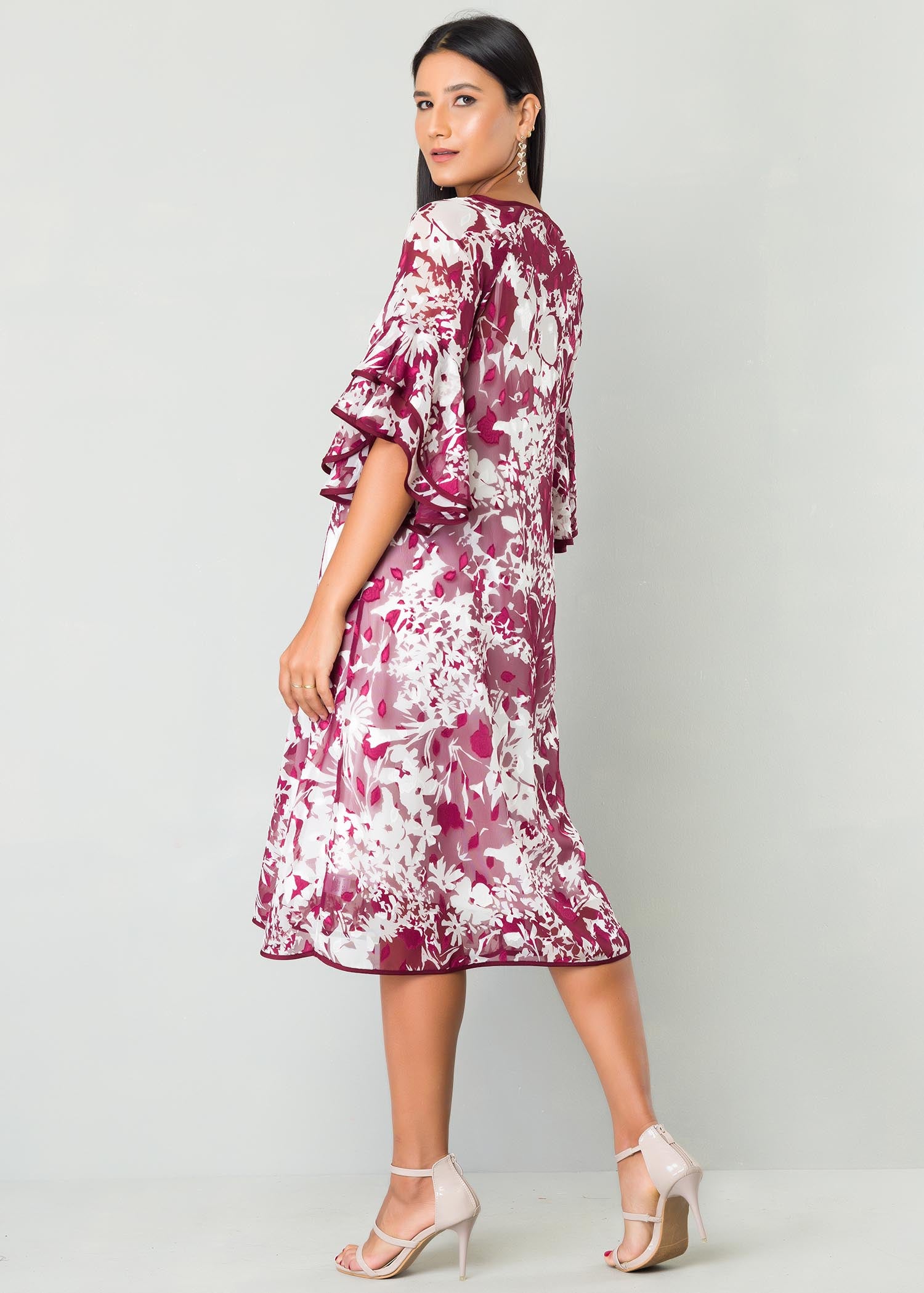 Flounce Sleeve Dress With Piping Detail