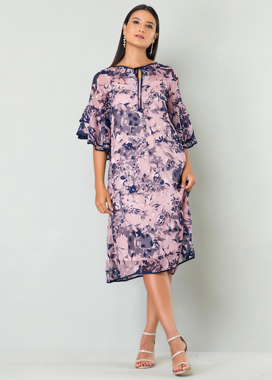 Flounce Sleeve Dress With Piping Detail