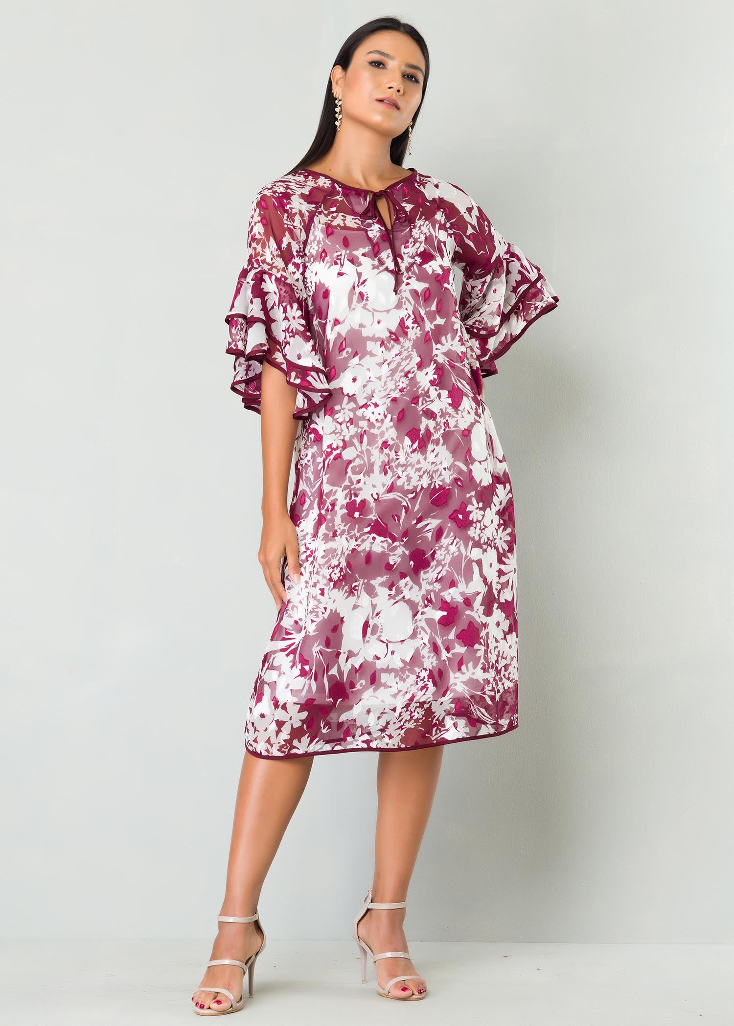Flounce Sleeve Dress With Piping Detail