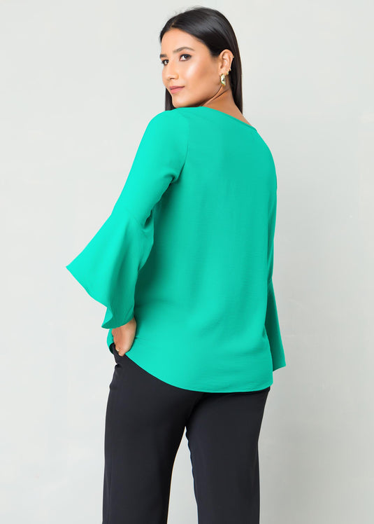 Flounce sleeve V neck blouse