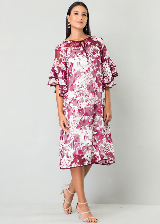 Flounce Sleeve Dress With Piping Detail
