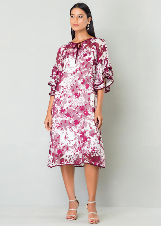 Flounce Sleeve Dress With Piping Detail
