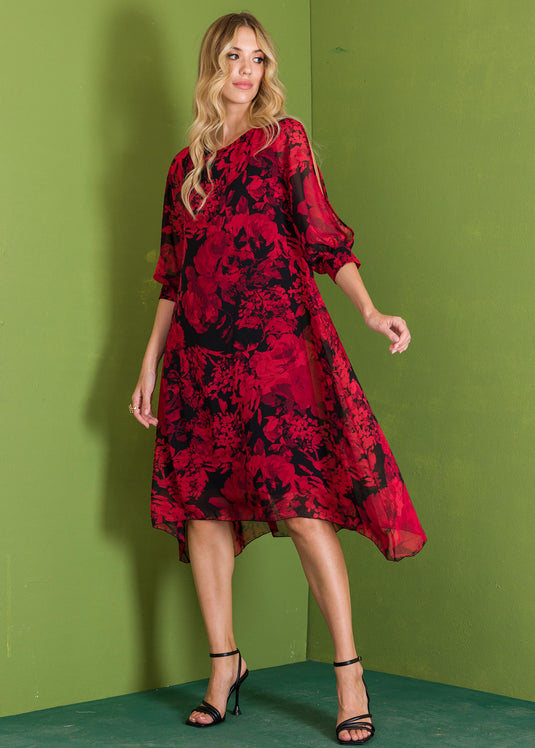 Cut out sleeve printed flowy dress