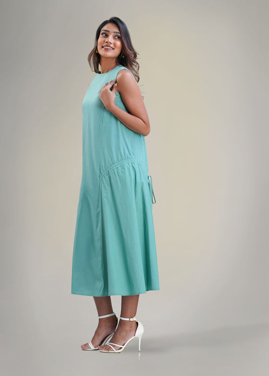 Sleeveless trapeze dress with ruching detail