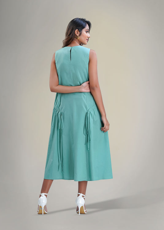 Sleeveless trapeze dress with ruching detail