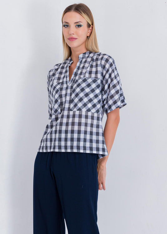 Check Blouse With Front Pockets