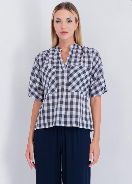 Check Blouse With Front Pockets