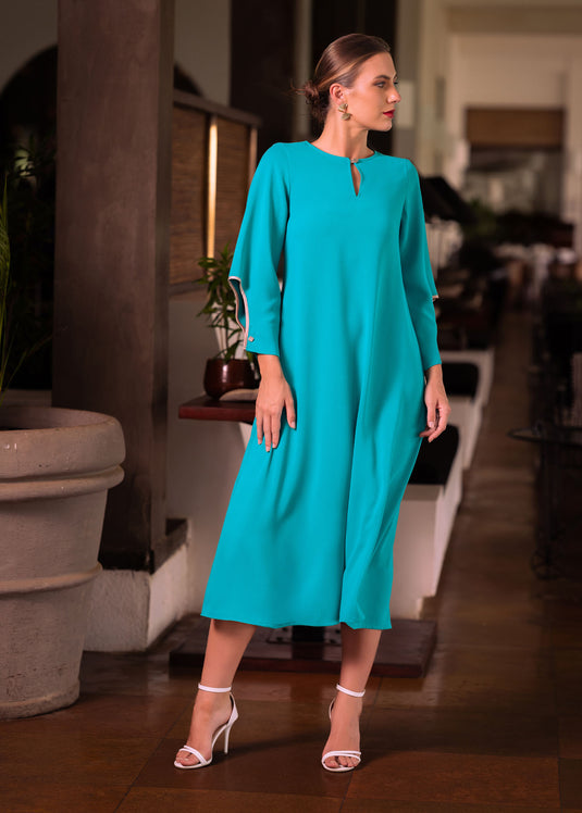 Midi dress with contrast piping and sleeve detail