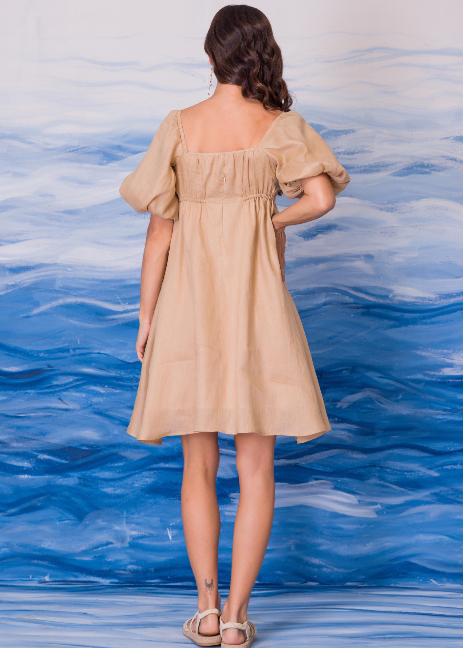 Linen Dress With Puff Sleeves
