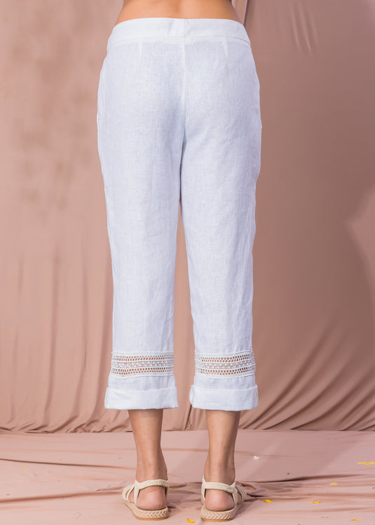 White Three Quarter Pant With Lace Detail