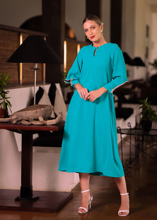 Midi dress with contrast piping and sleeve detail